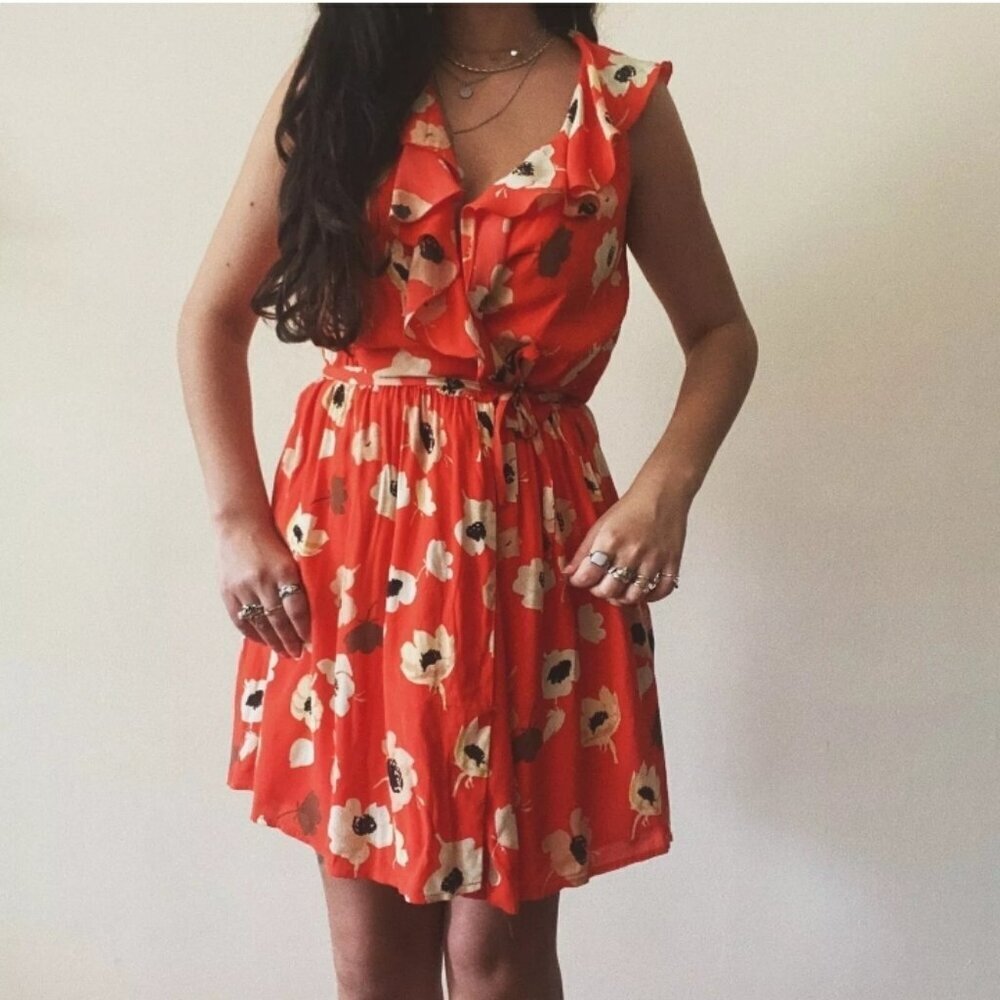 Zara Basic Orange Floral Wrap Crossover Mini Dres… - image 1
